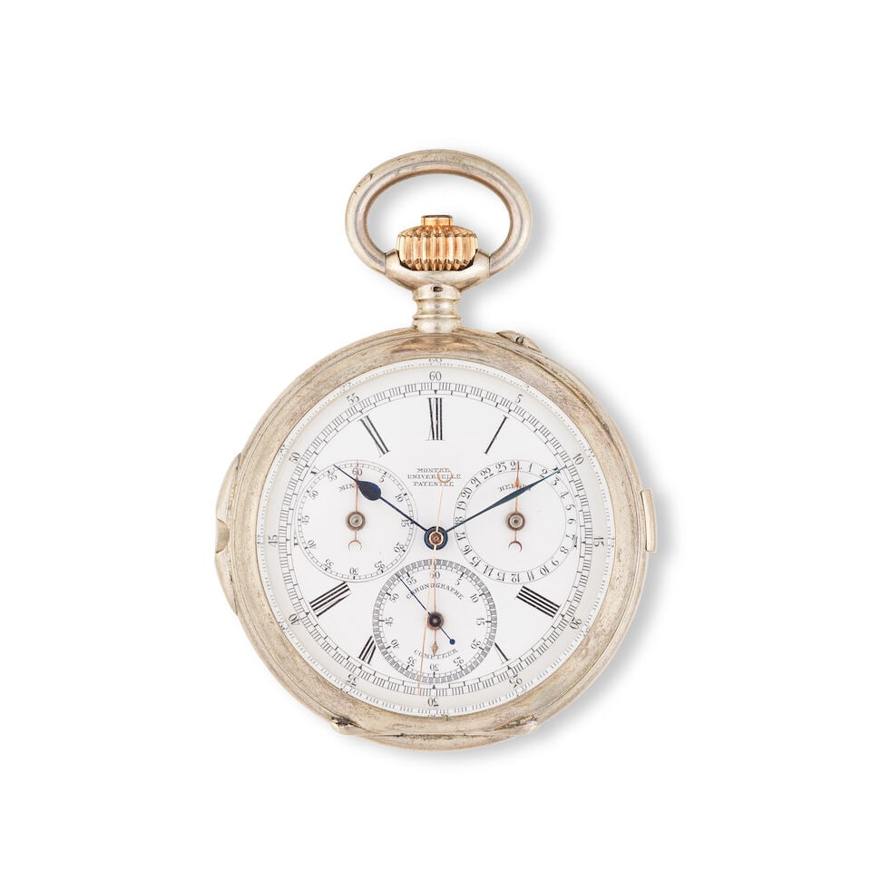 A fine silver open face keyless wind chronograph pocket watch Beau chronographe de poche à ... (1 of 3)