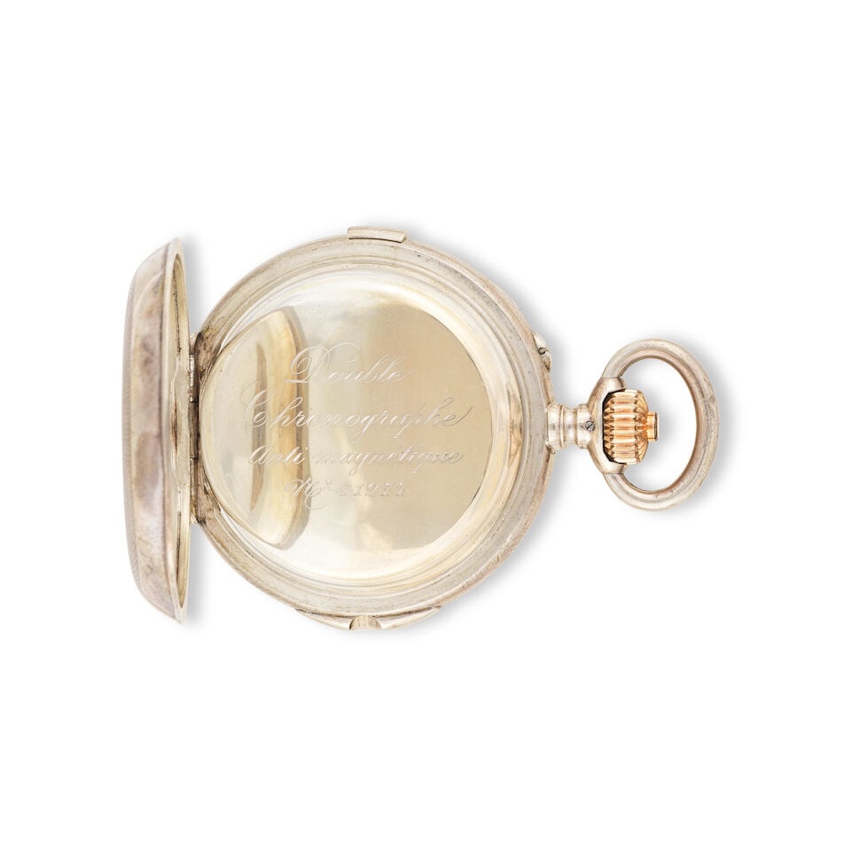 A fine silver open face keyless wind chronograph pocket watch Beau chronographe de poche à ... - 3