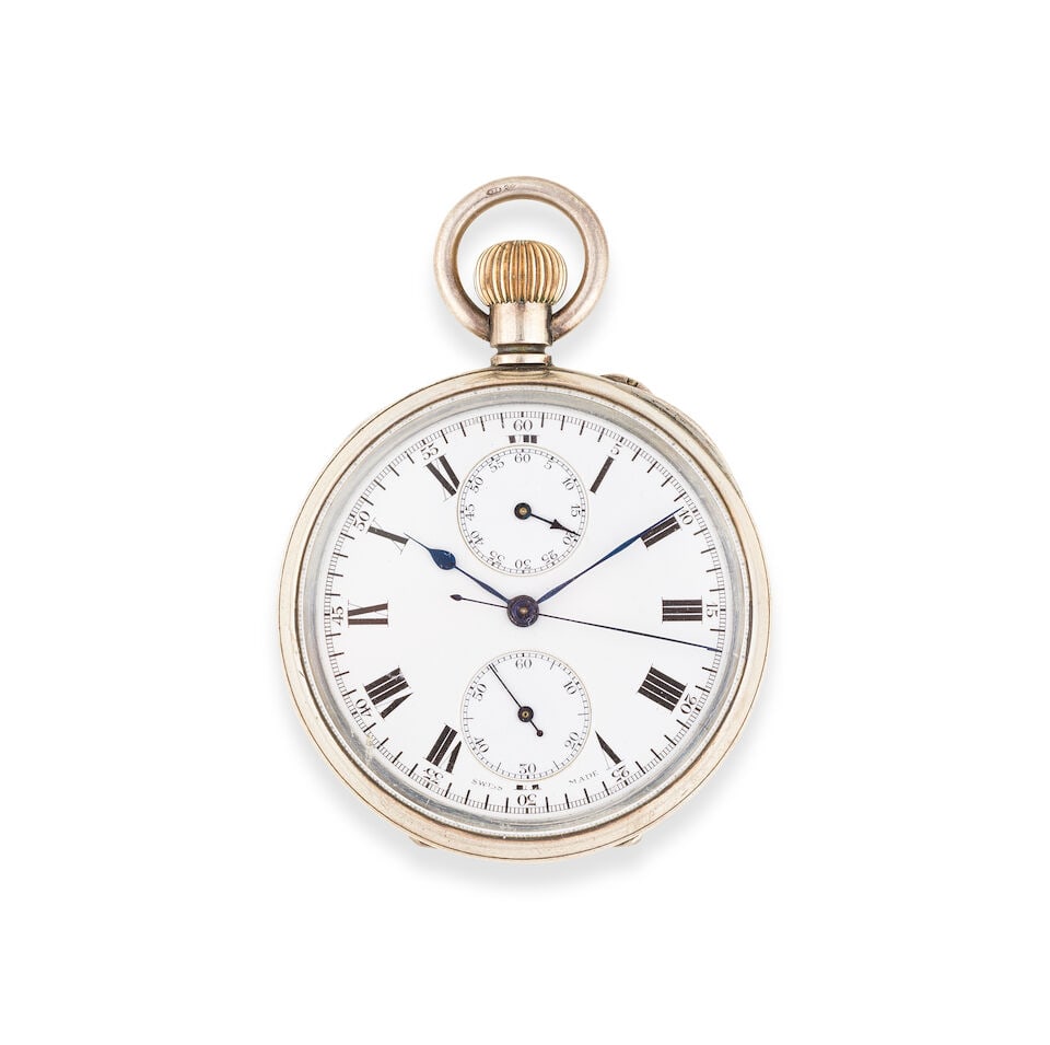 A silver open face keyless wind chronograph pocket watch Chronographe de poche à cadran ouv...: A silver open face keyless wind chronograph pocket watch Chronographe de poche à cadran ouvert en argent (800) remontoir au pendant Date: Circa 1890 Movement: Nickel full plate, Swiss lever, cut