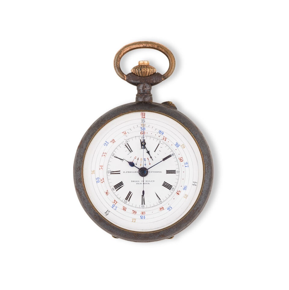 Fresard, Lucerne. A black metal open face chronograph pocket watch Fresard, Lucerne. Chronograph...: Fresard, Lucerne. A black metal open face chronograph pocket watch Fresard, Lucerne. Chronographe de poche à cadran ouvert en métal noirci remontoir au pendant Date: Circa 1900 Movement: