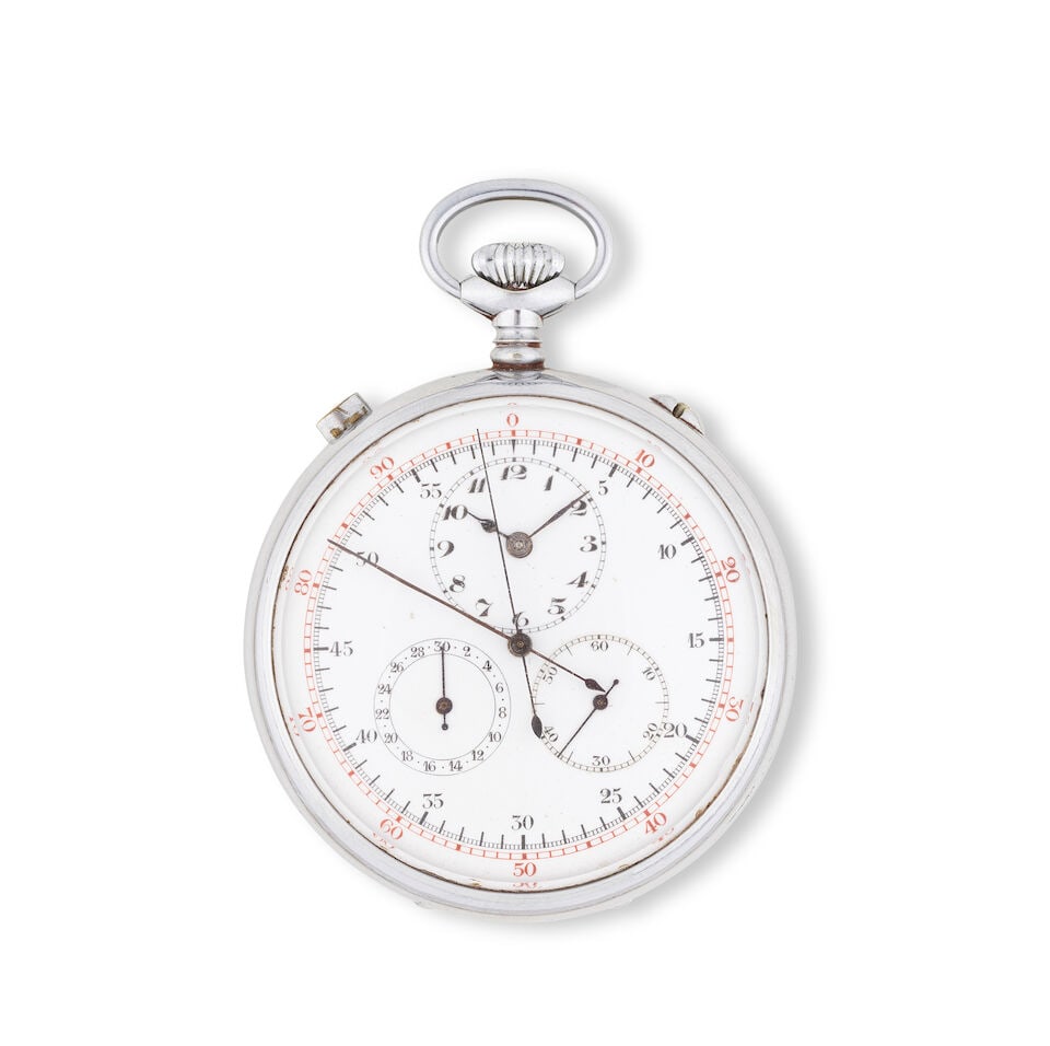 A stainless steel open face split second chronograph pocket watch Chronographe de poche à c... (1 of 2)