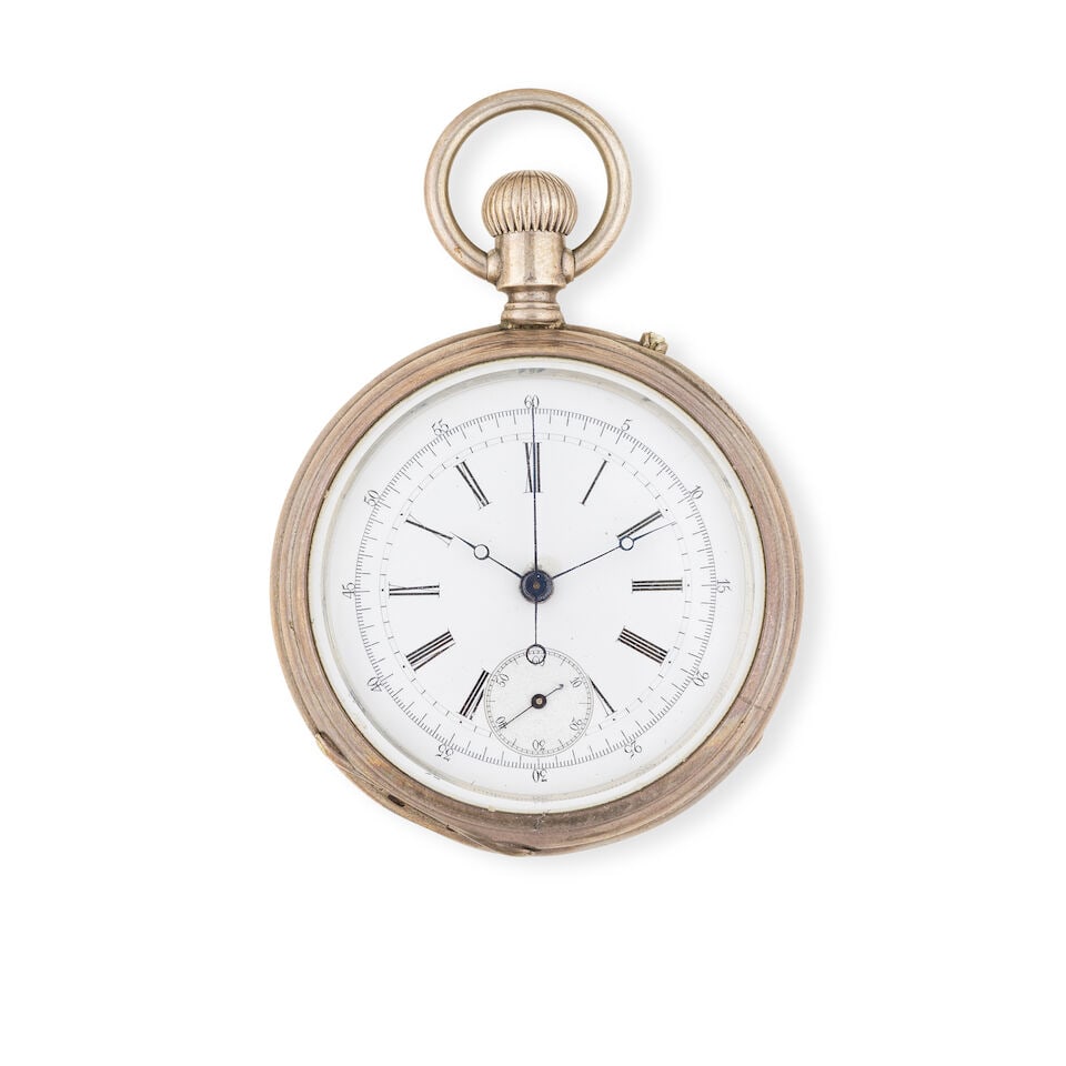 Longines. A silver plated keyless wind open face chronograph pocket watch Longines. Chronographe... (1 of 4)