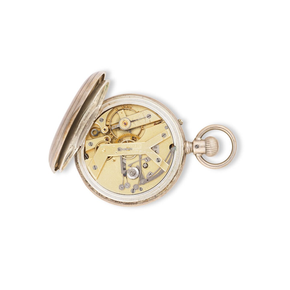 Longines. A silver plated keyless wind open face chronograph pocket watch Longines. Chronographe... - 2