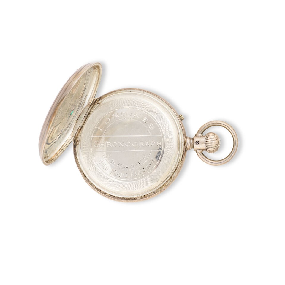 Longines. A silver plated keyless wind open face chronograph pocket watch Longines. Chronographe... - 3