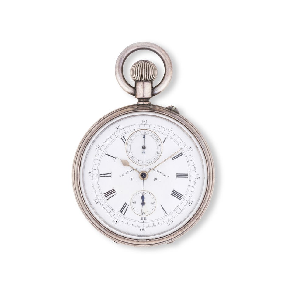 A silver keyless wind open face chronograph pocket watch with reverse 30-minute counter Chronogr... (1 of 2)