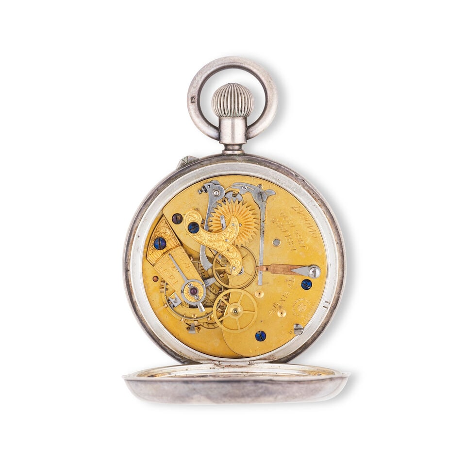 A silver keyless wind open face chronograph pocket watch with reverse 30-minute counter Chronogr... - 2