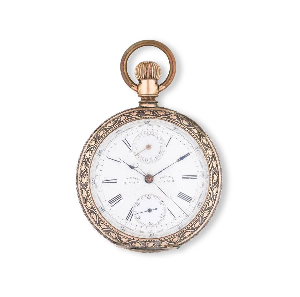 A metal open face keyless wind chronograph pocket watch Chronographe de poche à cadran ouve...: A metal open face keyless wind chronograph pocket watch Chronographe de poche à cadran ouvert en métal remontoir au pendant Date: Circa 1880 Movement: Gilt full plate, cut and compensated bi