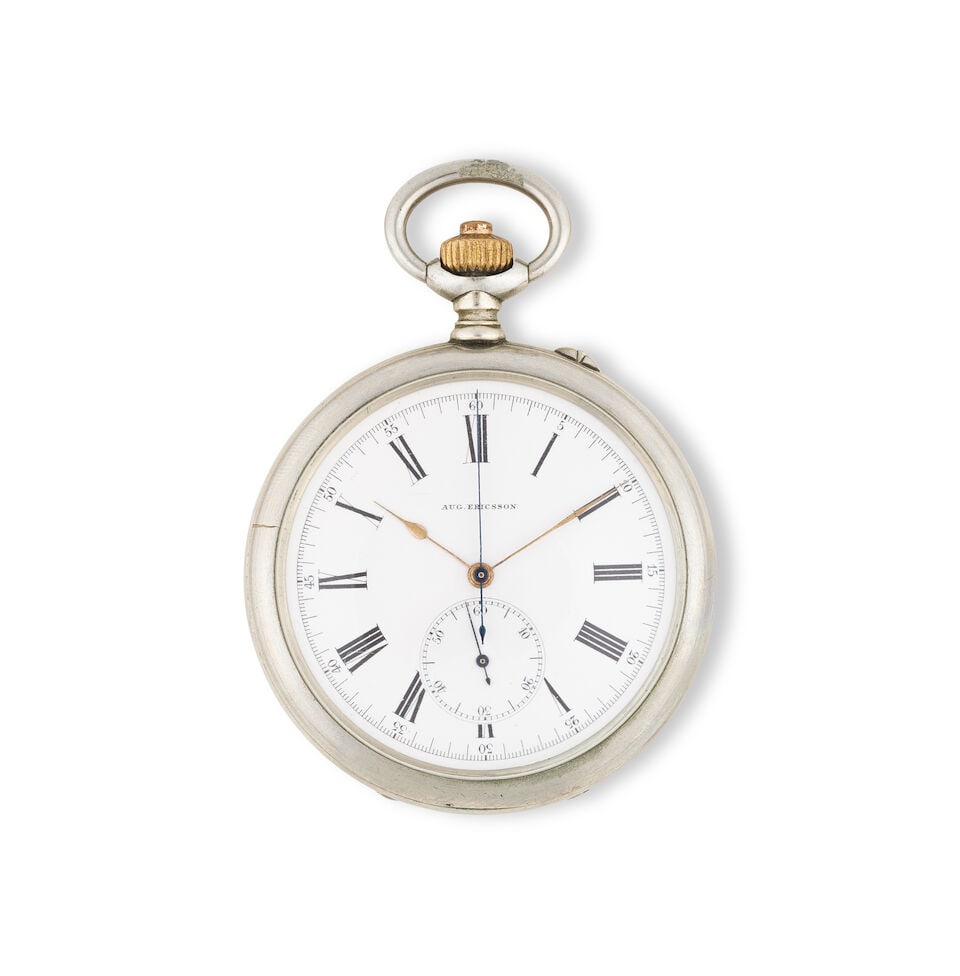 August Ericsson. A white metal keyless wind open face chronograph pocket watch August Ericsson. ...: August Ericsson. A white metal keyless wind open face chronograph pocket watch August Ericsson. Chronographe de poche à cadran ouvert en metal remontoir au pendant Date: Circa 1920 Movement: Swis