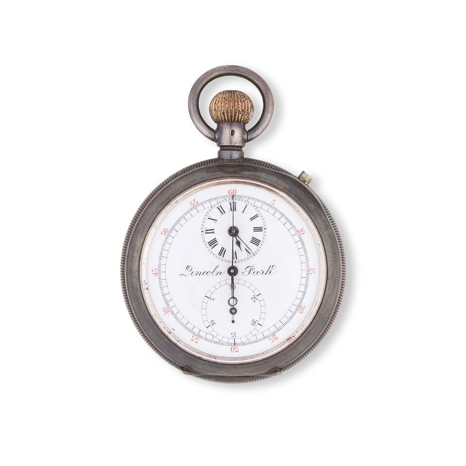 Lincoln Park. A silver keyless wind open face split second chronograph with off-centered dial an...: Lincoln Park. A silver keyless wind open face split second chronograph with off-centered dial and reverse 30-Minute counter Lincoln Park. Chronographe de poche à cadran ouvert et fonction