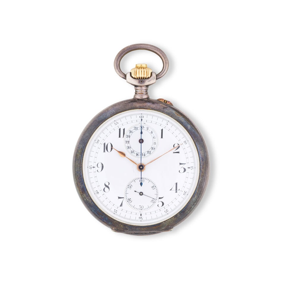 A silver keyless wind open face chronograph pocket watch Chronographe de poche à cadran ouv... (1 of 2)