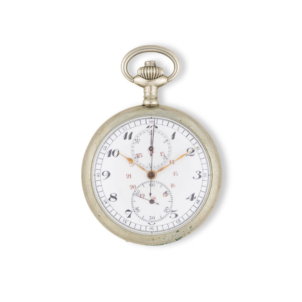 A steel open face keyless wind chronograph pocket watch Chronographe de poche à cadran ouve... (1 of 2)