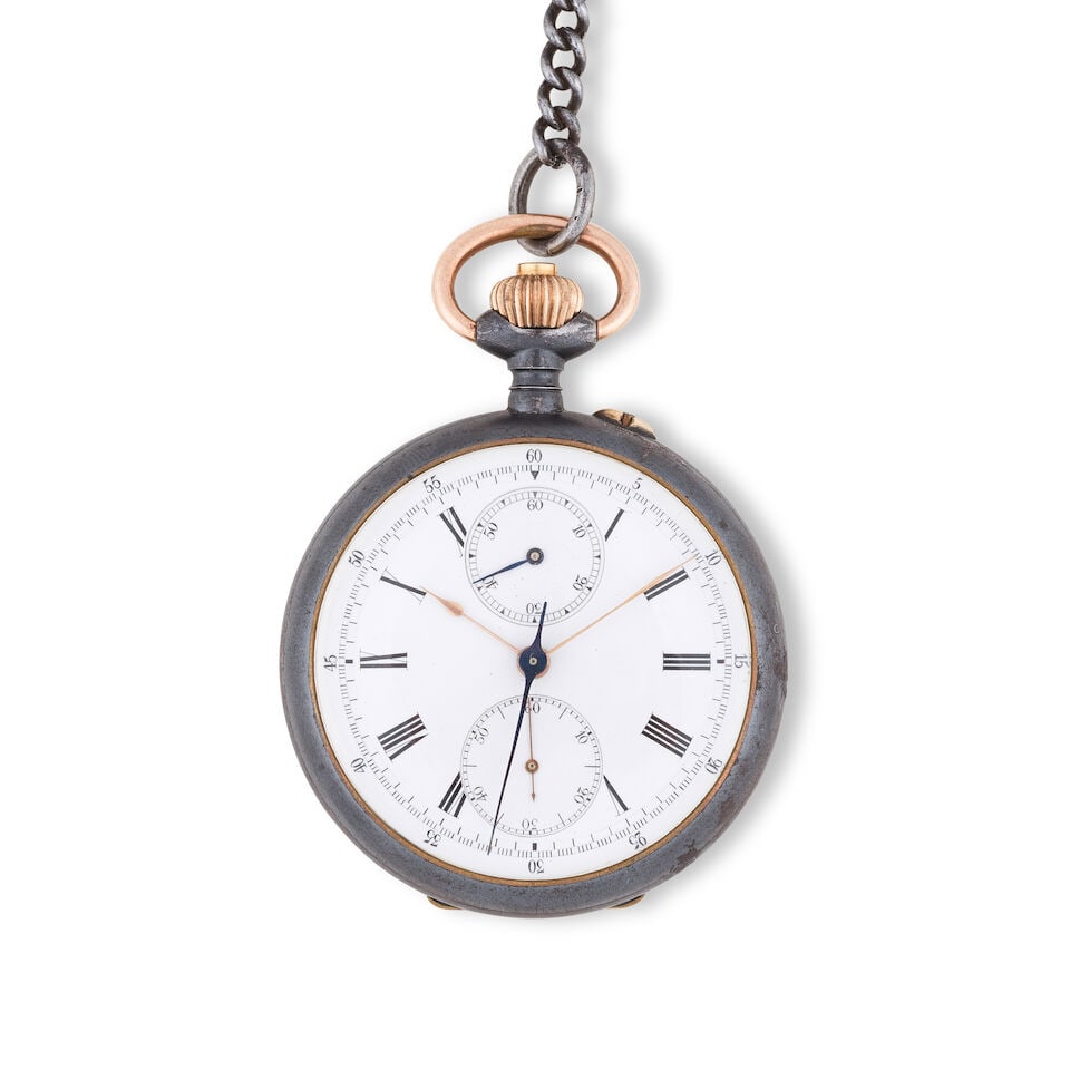 A black metal open face keyless wind chronograph pocket watch Chronographe de poche à cadr... (1 of 2)