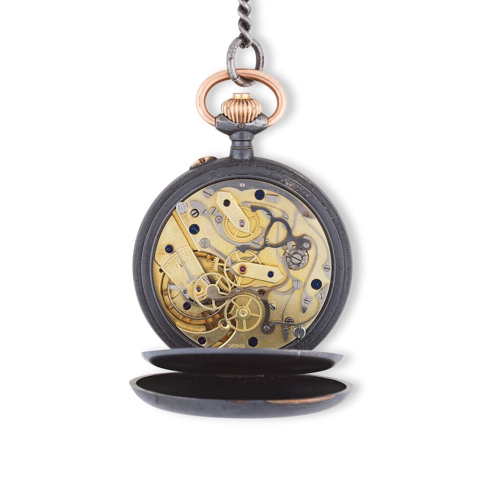 A black metal open face keyless wind chronograph pocket watch Chronographe de poche à cadr... - 2