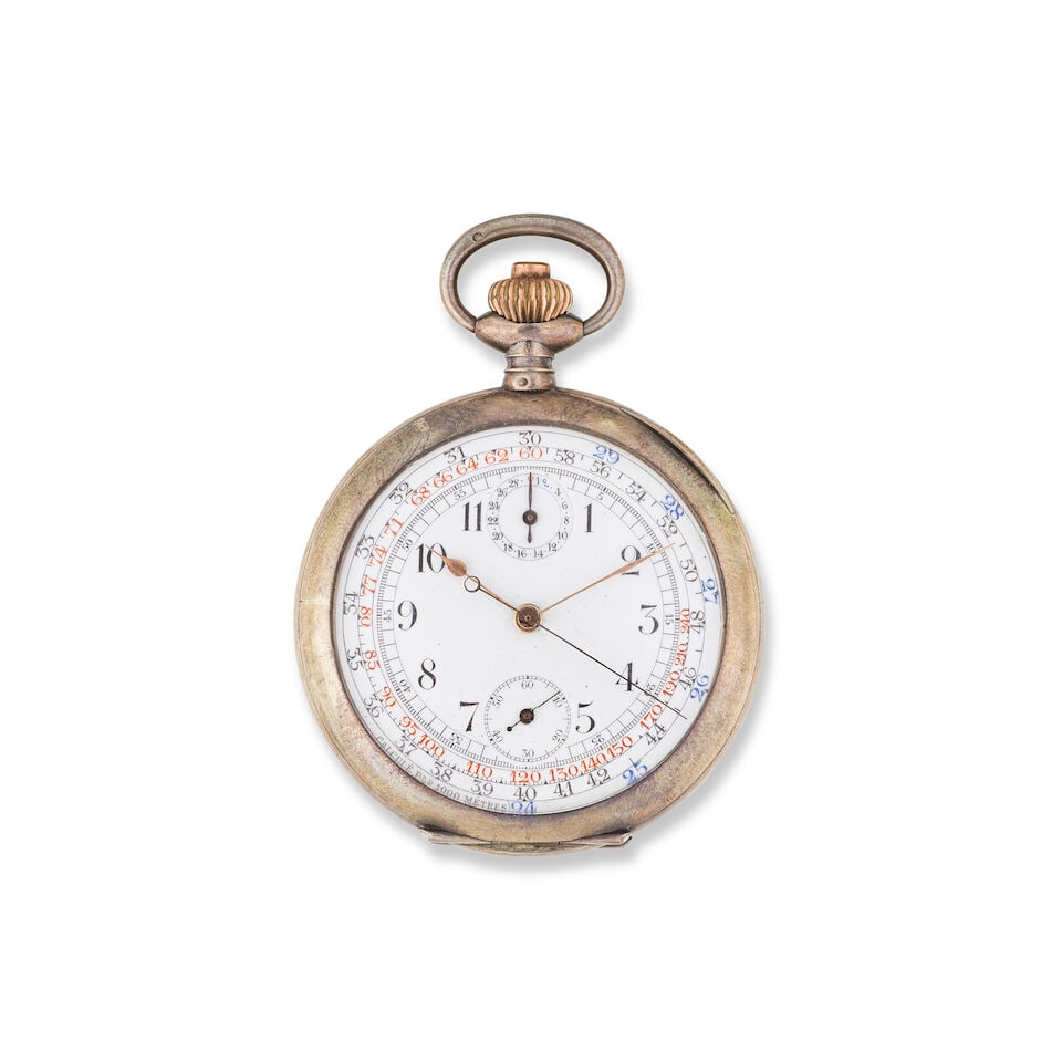 A silver keyless wind open face chronograph pocket watch Chronographe de poche à cadran ouv...: A silver keyless wind open face chronograph pocket watch Chronographe de poche à cadran ouvert en argent (800) remontoir au pendant Date: Circa 1910 Movement: Swiss lever, cut and compensated bi-