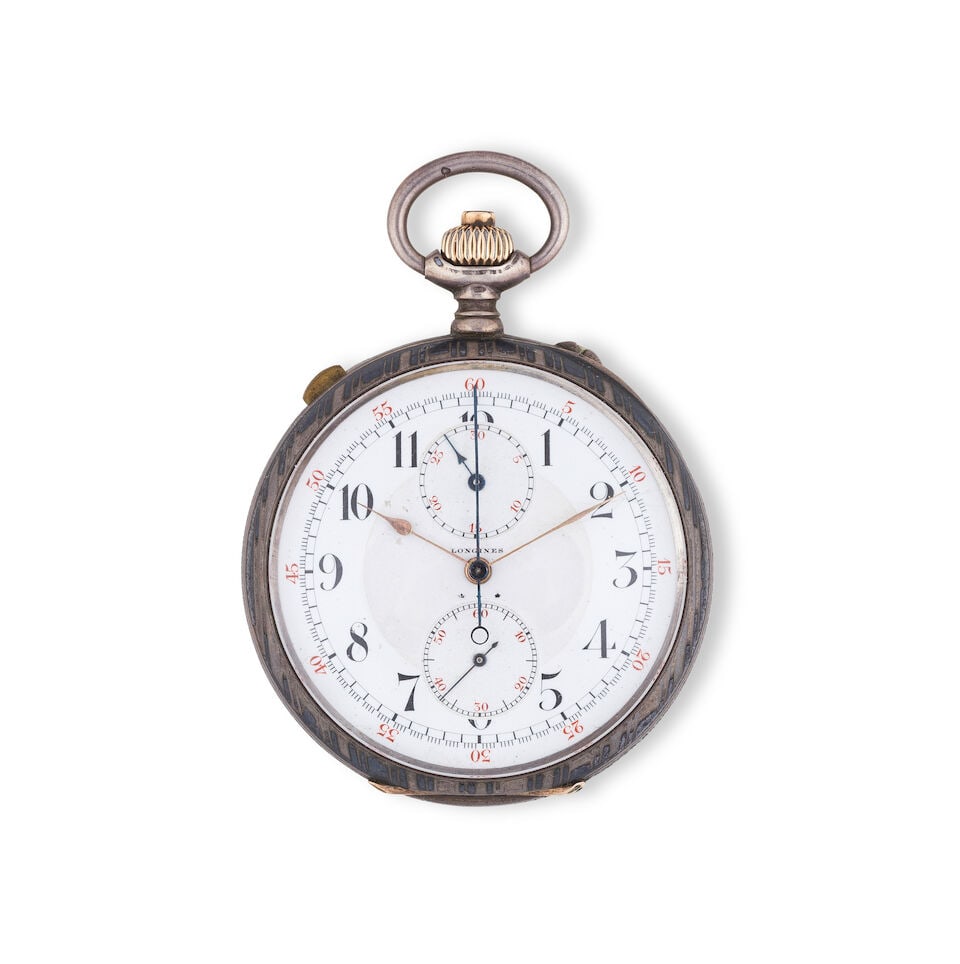 Longines. A silver and niello keyless wind open face chronograph pocket watch Longines. Chronogr... (1 of 3)