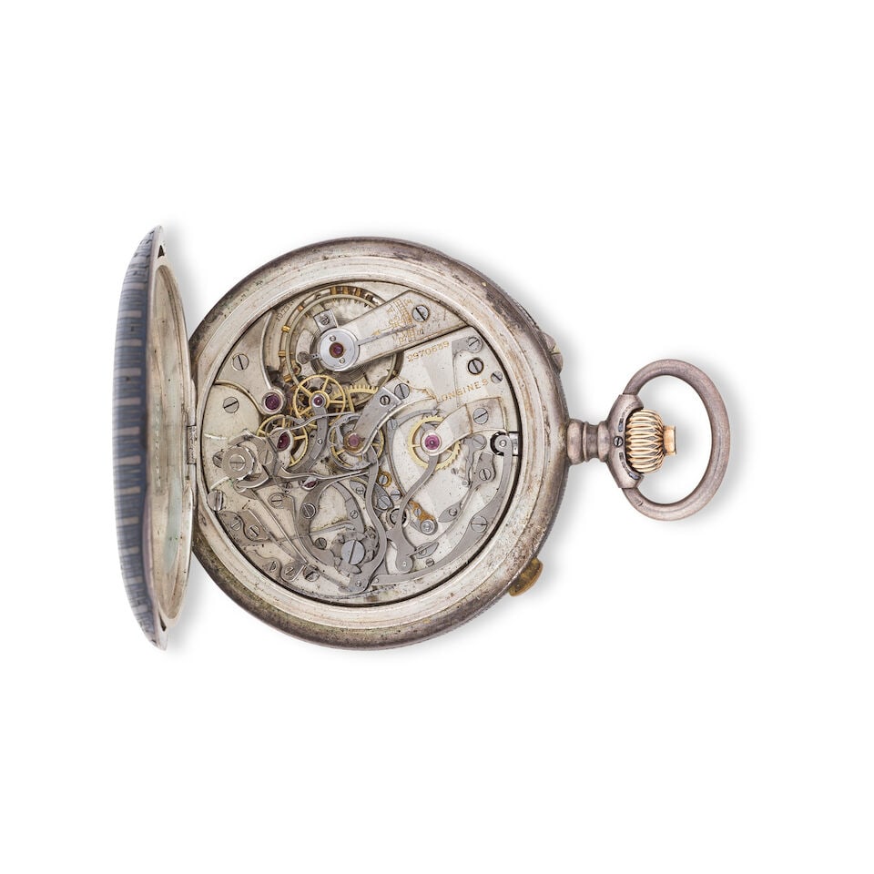 Longines. A silver and niello keyless wind open face chronograph pocket watch Longines. Chronogr... - 2