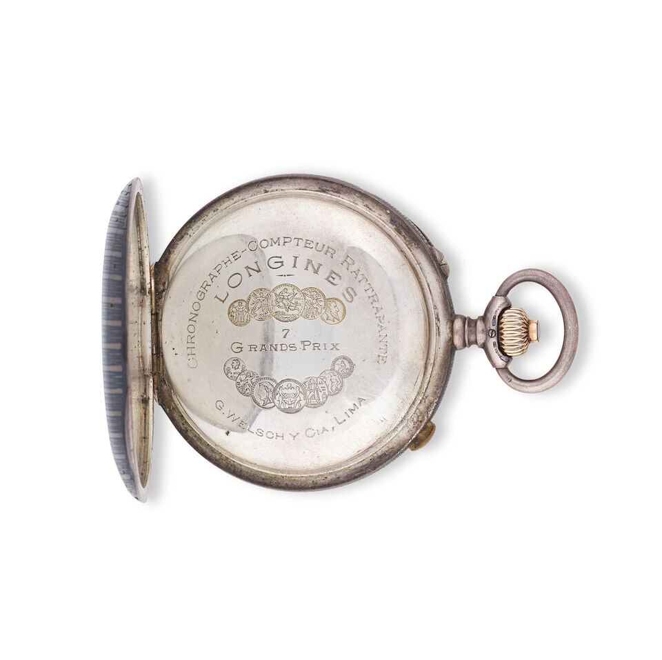 Longines. A silver and niello keyless wind open face chronograph pocket watch Longines. Chronogr... - 3