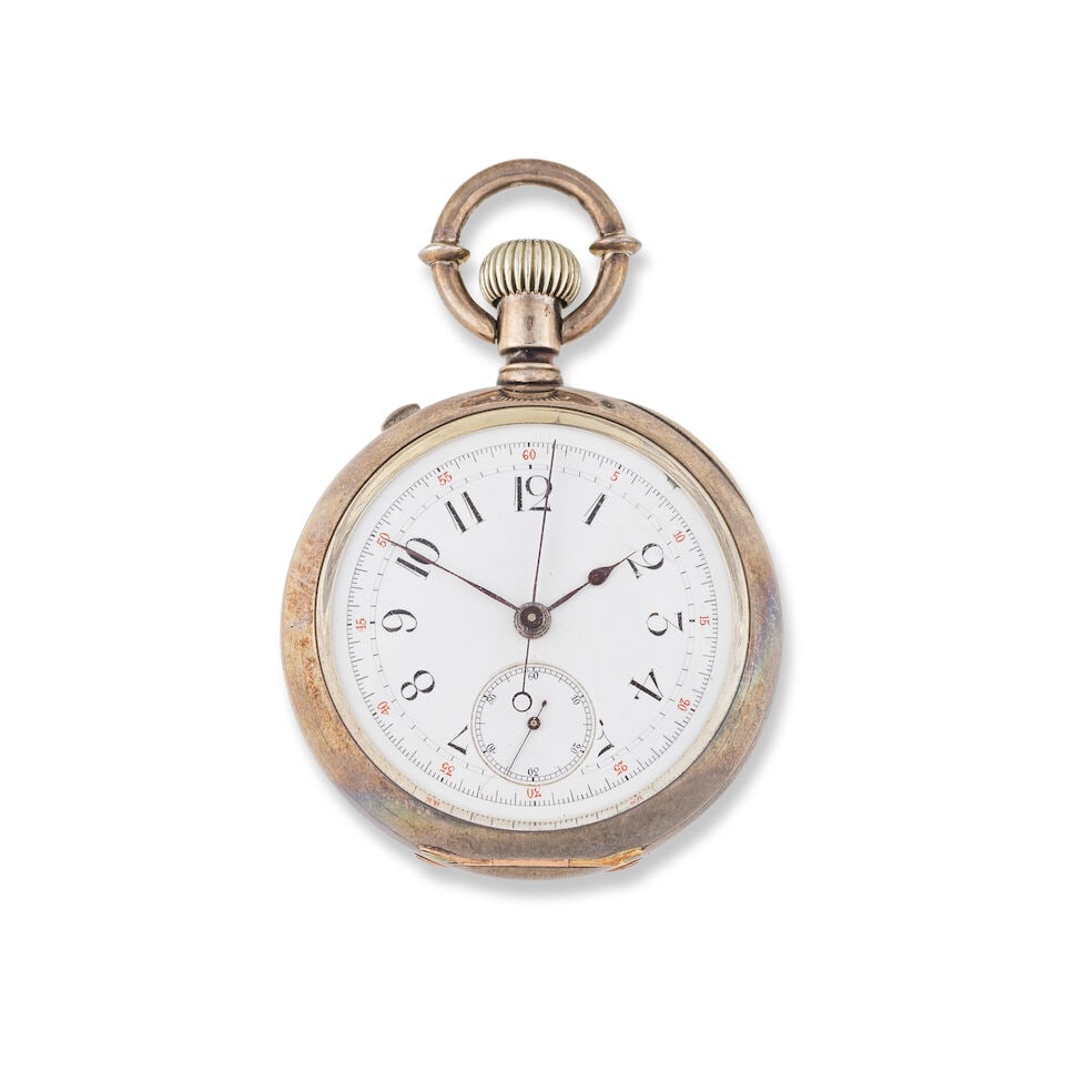 A silver keyless wind open face split second chronograph pocket watch Chronographe de poche ... (1 of 2)