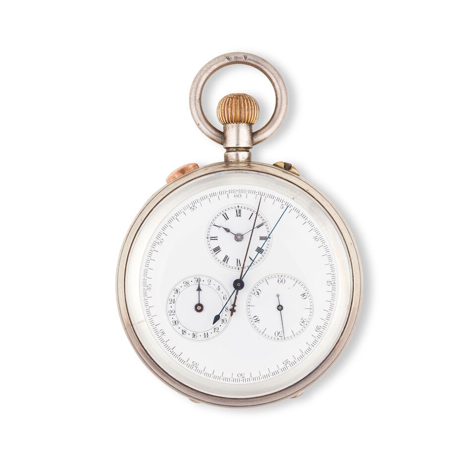 An unusual silver keyless wind open face split second chronograph pocket watch Chronographe de p... (1 of 2)