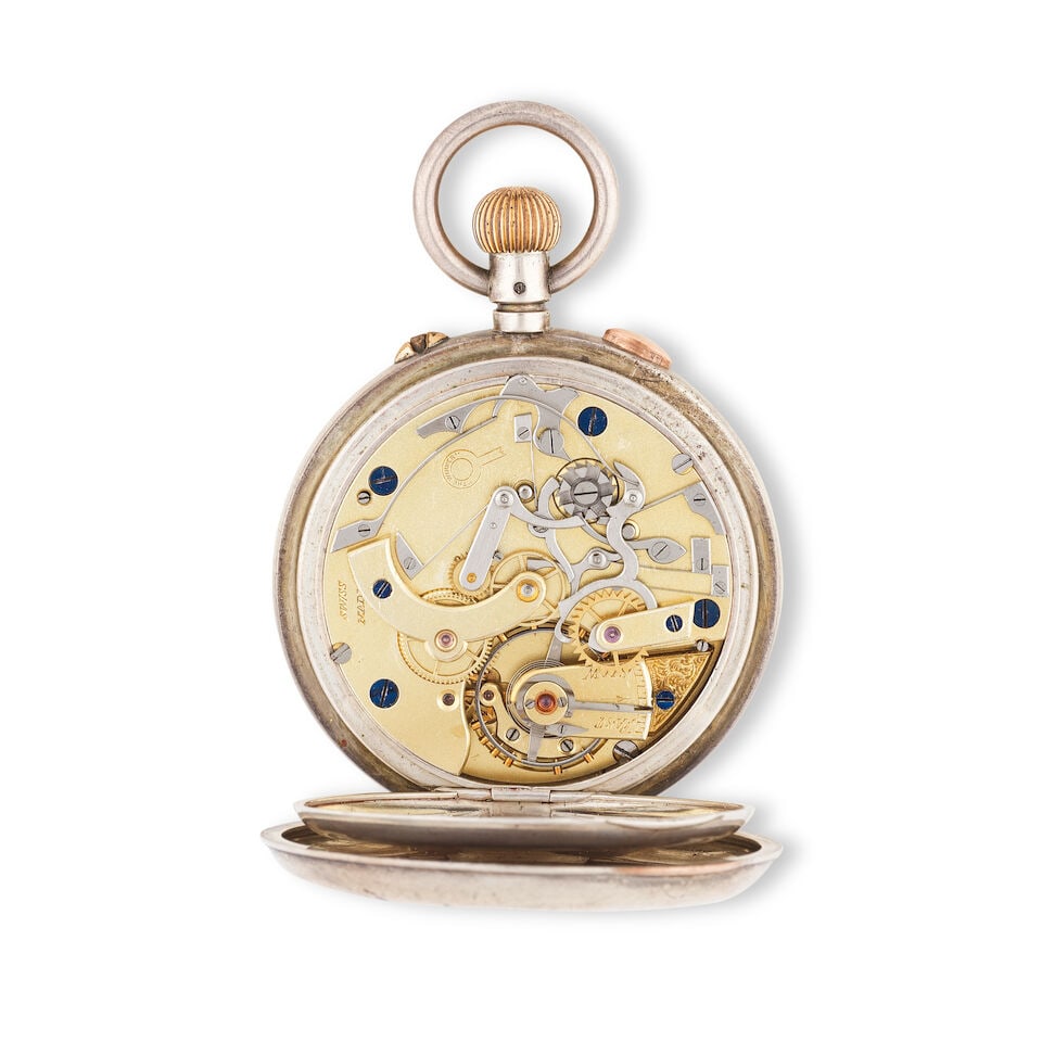 An unusual silver keyless wind open face split second chronograph pocket watch Chronographe de p... - 2