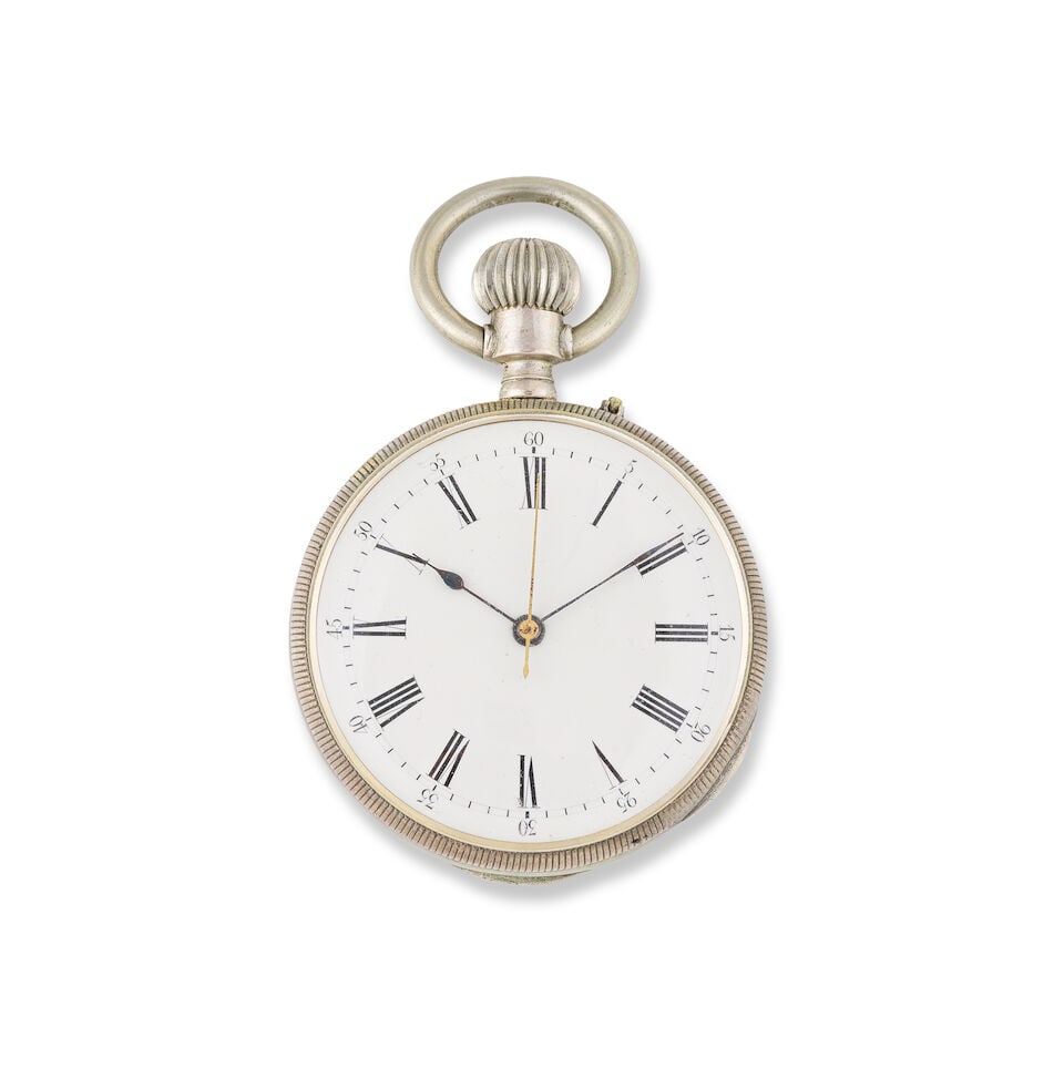 A steel keyless wind open face chronograph pocket watch Chronographe de poche à cadran ouve... (1 of 2)