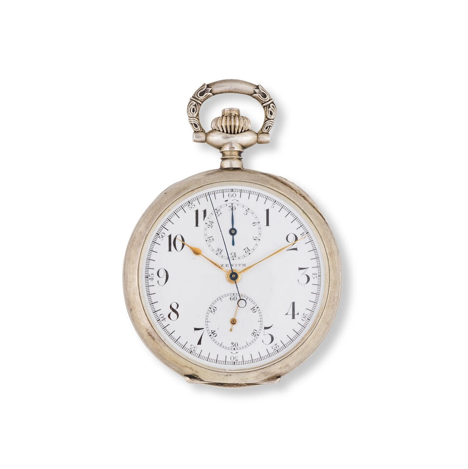 Zenith. A silver open face keyless wind chronograph pocket watch Zenith. Chronographe de poche &... (1 of 4)
