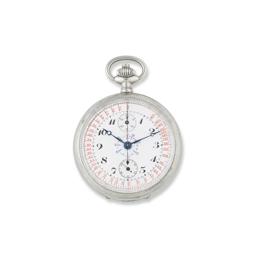 A stainless steel keyless wind open face chronograph pocket watch Chronographe de poche à c... (1 of 2)