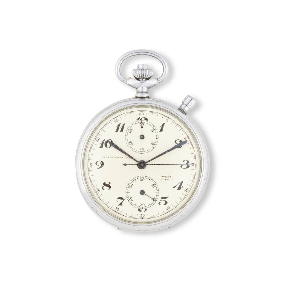 Raymond Dodane. A metal keyless wind open face chronograph pocket watch Raymond Dodane. Chronogr...: Raymond Dodane. A metal keyless wind open face chronograph pocket watch Raymond Dodane. Chronographe de poche à cadran ouvert en metal remontoir au pendant Date: Circa 1940 Movement: Jewelled Val