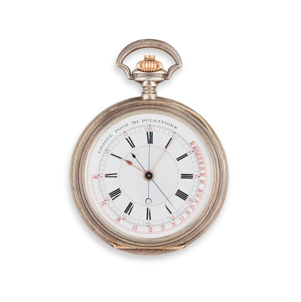 A silver open face keyless wind chronograph pocket watch Chronographe de poche à cadran ouv...: A silver open face keyless wind chronograph pocket watch Chronographe de poche à cadran ouvert en argent (800) remontoir au pendant Date: Circa 1900 Movement: Nickel full plate, Swiss lever, cut