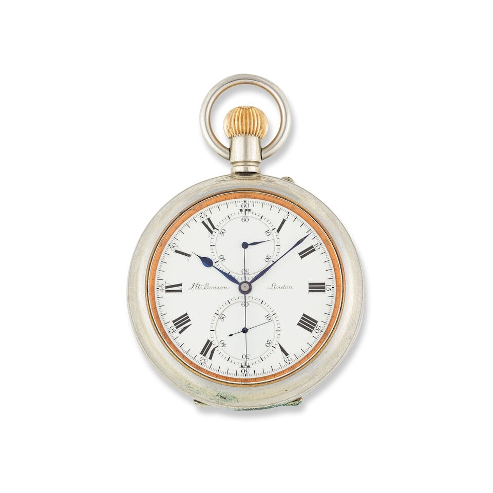 J W Benson. A good quality keyless wind single button open face chronograph pocket watch in asso...: J W Benson. A good quality keyless wind single button open face chronograph pocket watch in associated white metal case J W Benson. Chronographe de poche à cadran ouvert en métal remontoir a