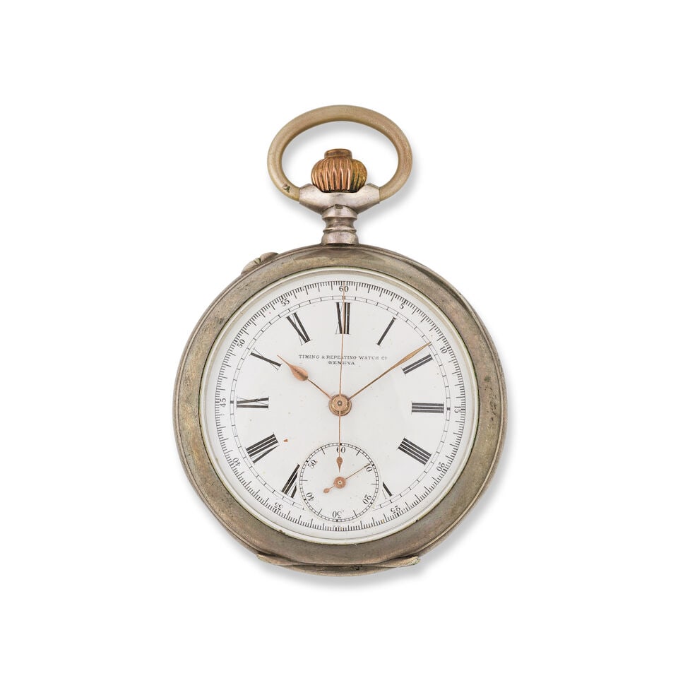 Timing & Repeating Watch Co, Geneva. A silver keyless wind open face chronograph pocket watch Ti... (1 of 2)
