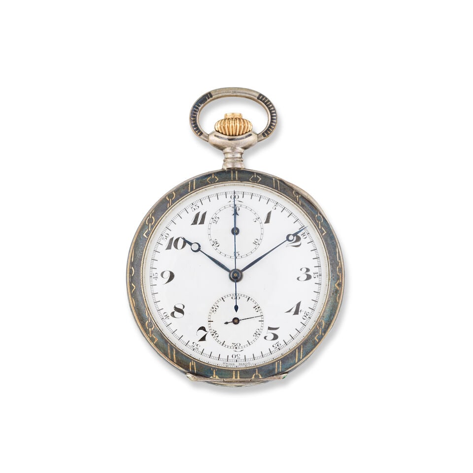 A silver and niello keyless wind open face chronograph pocket watch Chronographe de poche à...: A silver and niello keyless wind open face chronograph pocket watch Chronographe de poche à cadran ouvert en argent (800) et nielle remontoir au pendant Date: Circa 1900 Movement: Swiss lever, cu