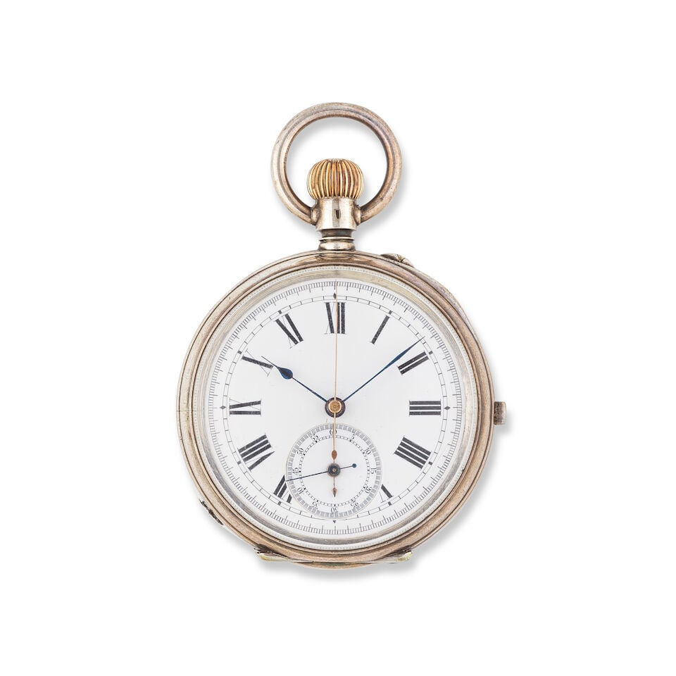 A silver keyless wind open face chronograph pocket watch Chronographe de poche à cadran ouv... (1 of 2)