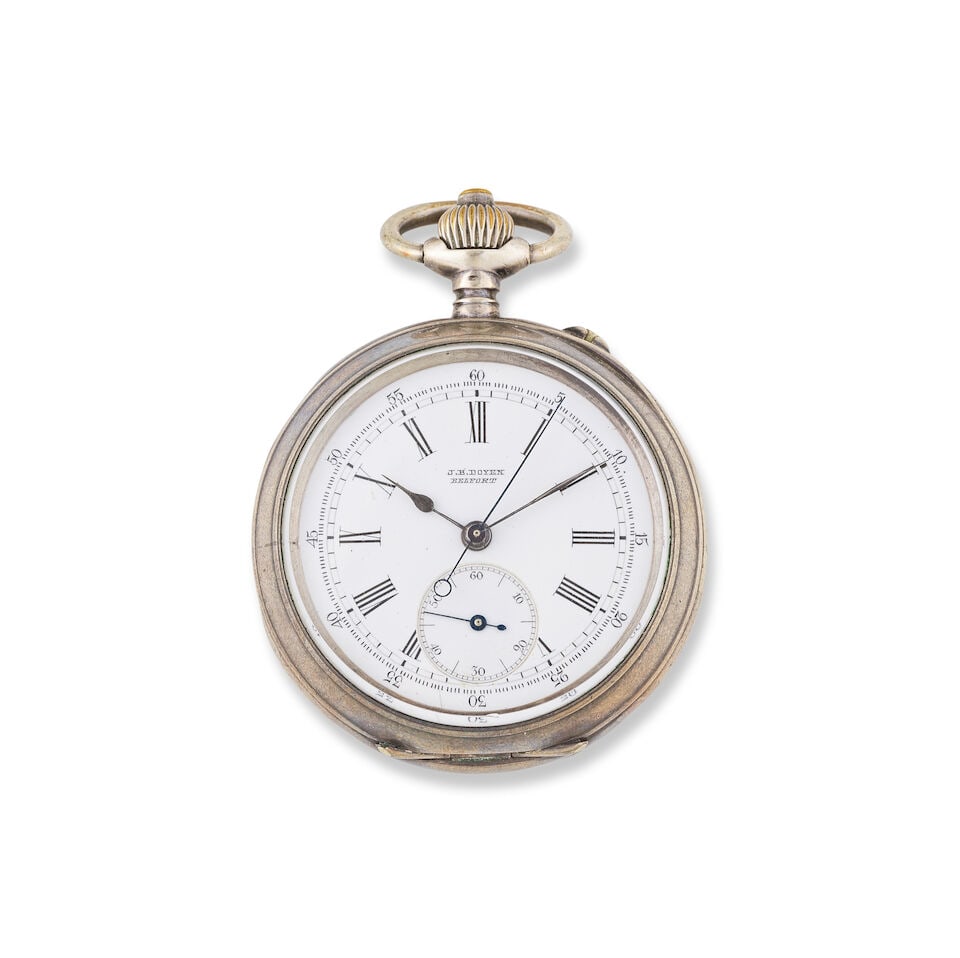 J.B Doyen, Belfort. A silver keyless wind open face chronograph pocket watch J.B Doyen, Belfort.... (1 of 4)