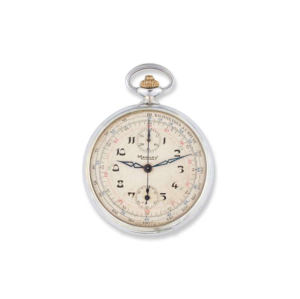 Marnay. A nickel plated keyless wind open face chronograph pocket watch Marnay. Chronographe de ...: Marnay. A nickel plated keyless wind open face chronograph pocket watch Marnay. Chronographe de poche à cadran ouvert en nickel plaqué remontoir au pendant Date: Circa 1930 Movement: Swiss l