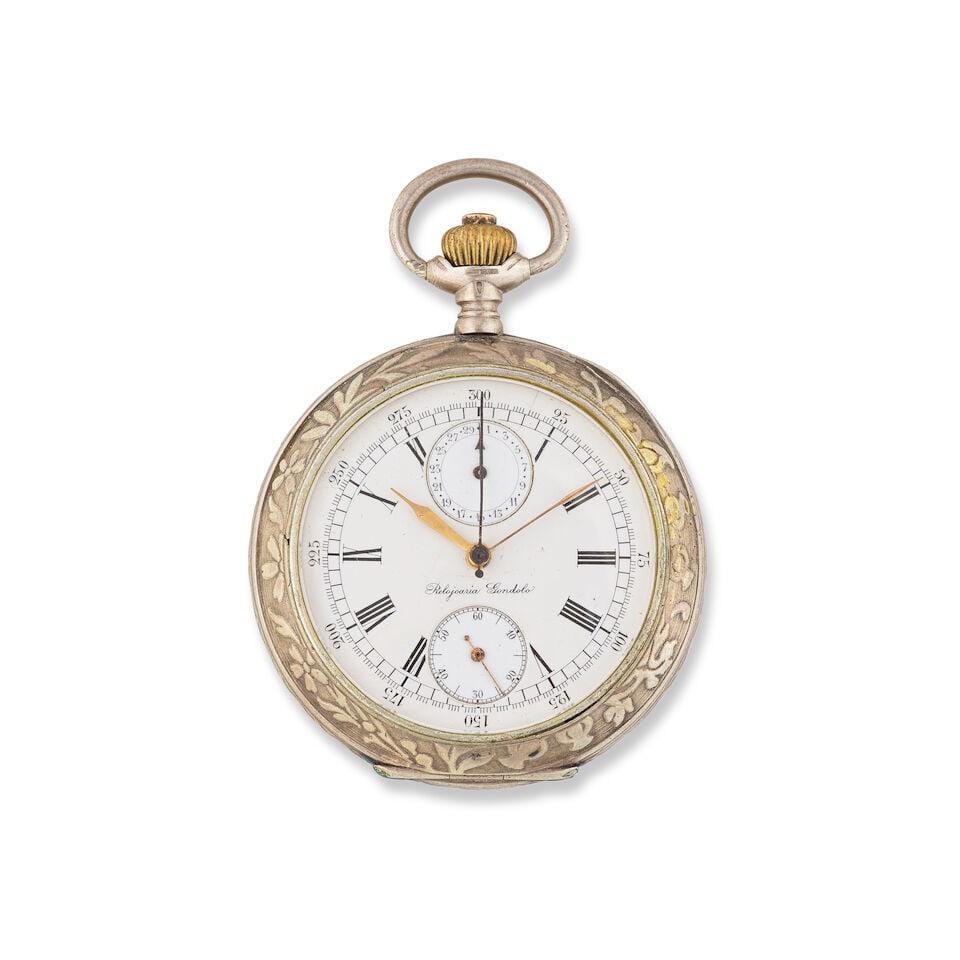 Omega. A silver keyless wind open face chronograph pocket watch retailed by Relojoaria Gondolo O...: Omega. A silver keyless wind open face chronograph pocket watch retailed by Relojoaria Gondolo Omega. Chronographe de poche à cadran ouvert en argent (800) remontoir au pendant, distribué pa