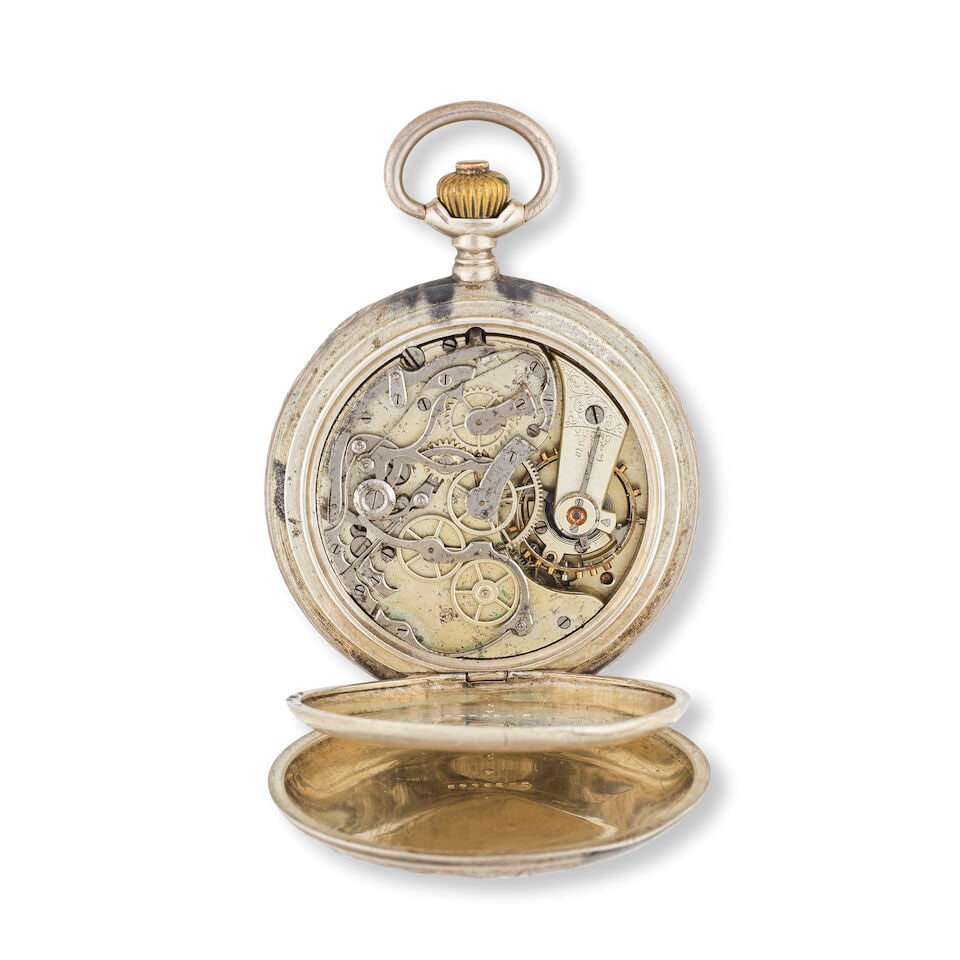 Omega. A silver keyless wind open face chronograph pocket watch retailed by Relojoaria Gondolo O... - 2