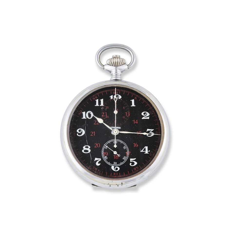 Seikosha. A nickel plated keyless wind open face chronograph pocket watch Seikosha. Chronographe... (1 of 3)