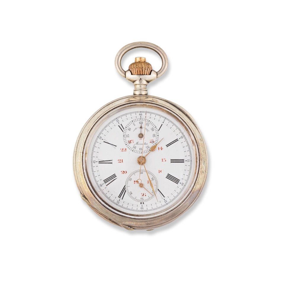 A silver keyless wind open face chronograph pocket watch Chronographe de poche à cadran ouv...: A silver keyless wind open face chronograph pocket watch Chronographe de poche à cadran ouvert en argent (800) remontoir au pendant Date: Circa 1910 Movement: Swiss lever, cut and compensated bi-