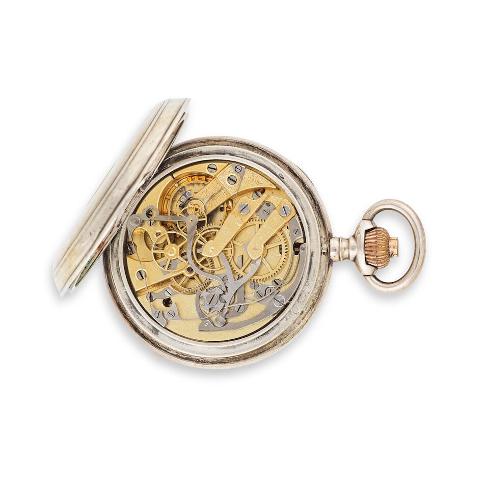 A silver keyless wind open face chronograph pocket watch Chronographe de poche à cadran ouv... - 2