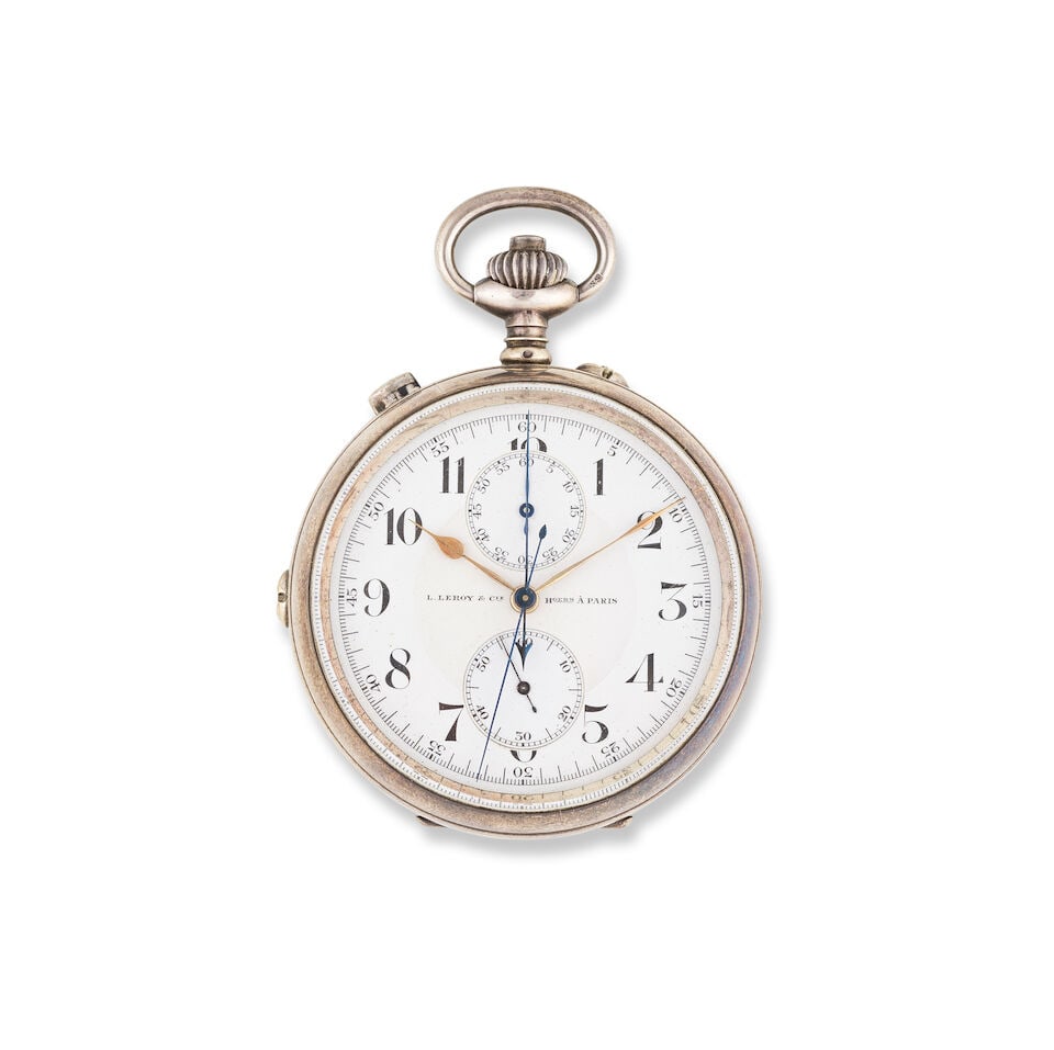 L. Leroy & Cie, Paris. A silver keyless wind open face split second chronograph pocket watch L. ...: L. Leroy & Cie, Paris. A silver keyless wind open face split second chronograph pocket watch L. Leroy & Cie, Paris. Chronographe de poche à cadran ouvert et fonction rattrapante en argent (800) r