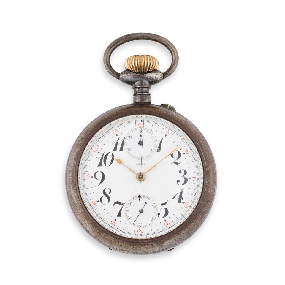 Possibly Fils d'Achille Hirsch. A blued steel open face single button keyless wind chronograph p... (1 of 2)