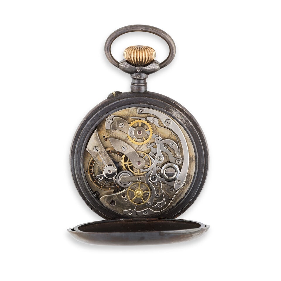 Possibly Fils d'Achille Hirsch. A blued steel open face single button keyless wind chronograph p... - 2