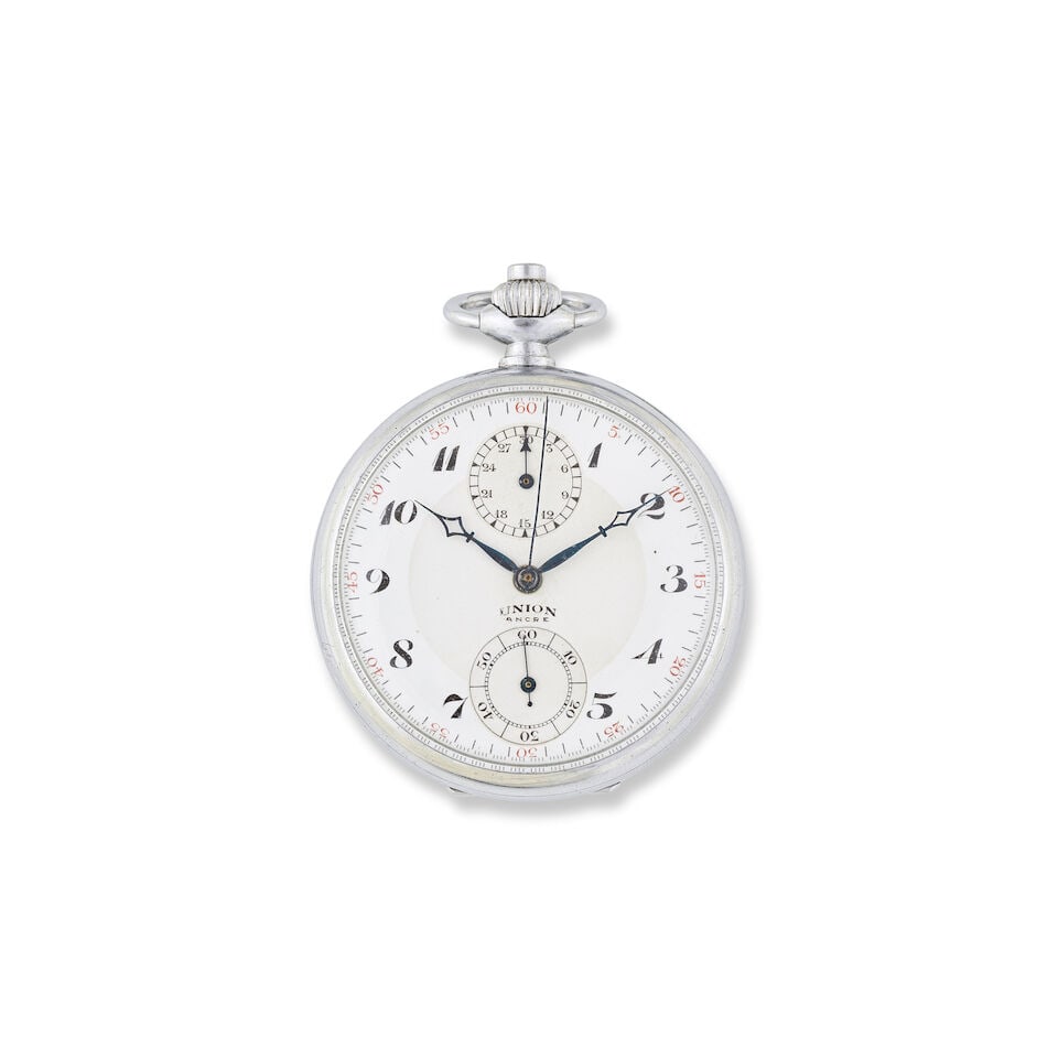 Union. A Small chrome keyless wind open face chronograph pocket watch Union. Petit chronographe ... (1 of 2)