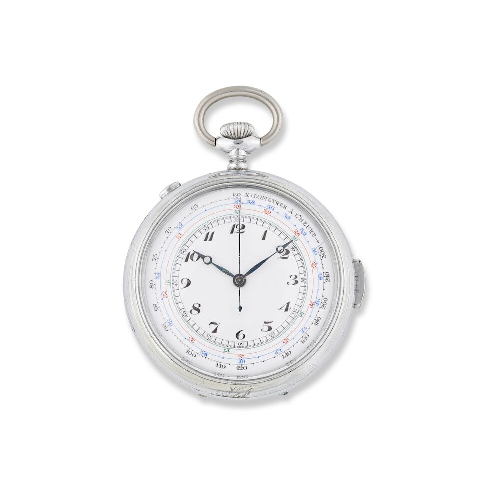 A stainless steel keyless wind quarter repeating open face pocket watch Chronographe de poche &#...: A stainless steel keyless wind quarter repeating open face pocket watch Chronographe de poche à cadran ouvert et répétition des quarts en acier remontoir au pendant Date: Circa 1920 Mov