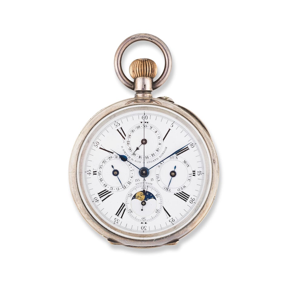 S. Smith & Son, London. A fine silver keyless wind open face chronograph pocket watch with tripl...: S. Smith & Son, London. A fine silver keyless wind open face chronograph pocket watch with triple calendar and moon phase indication S. Smith & Son, London. Belle montre de gousset à cadran ouver