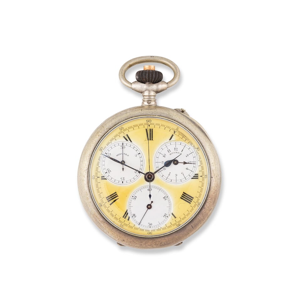 A silver keyless wind open face chronograph pocket watch Chronographe de poche à cadran ouv...: A silver keyless wind open face chronograph pocket watch Chronographe de poche à cadran ouvert en argent (800) remontoir au pendant Date: Circa 1900 Movement: Swiss lever, cut and compensated