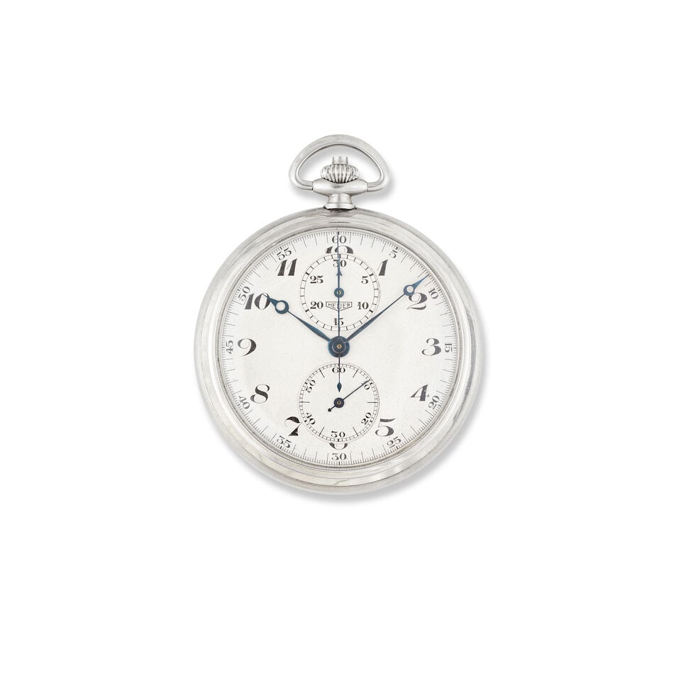 Heuer. A stainless steel open face keyless wind chronograph stopwatch Heuer. Chronographe stopwa... (1 of 2)