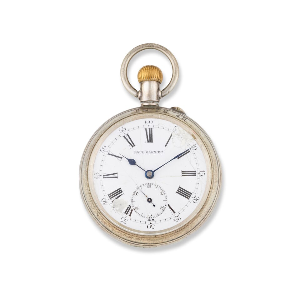 Paul Garnier. An unusual white metal double dial chronograph open face watch Paul Garnier. Chron...: Paul Garnier. An unusual white metal double dial chronograph open face watch Paul Garnier. Chronographe de poche à double cadran ouvert en métal remontoir au pendant Date: Circa 1920 Movemen