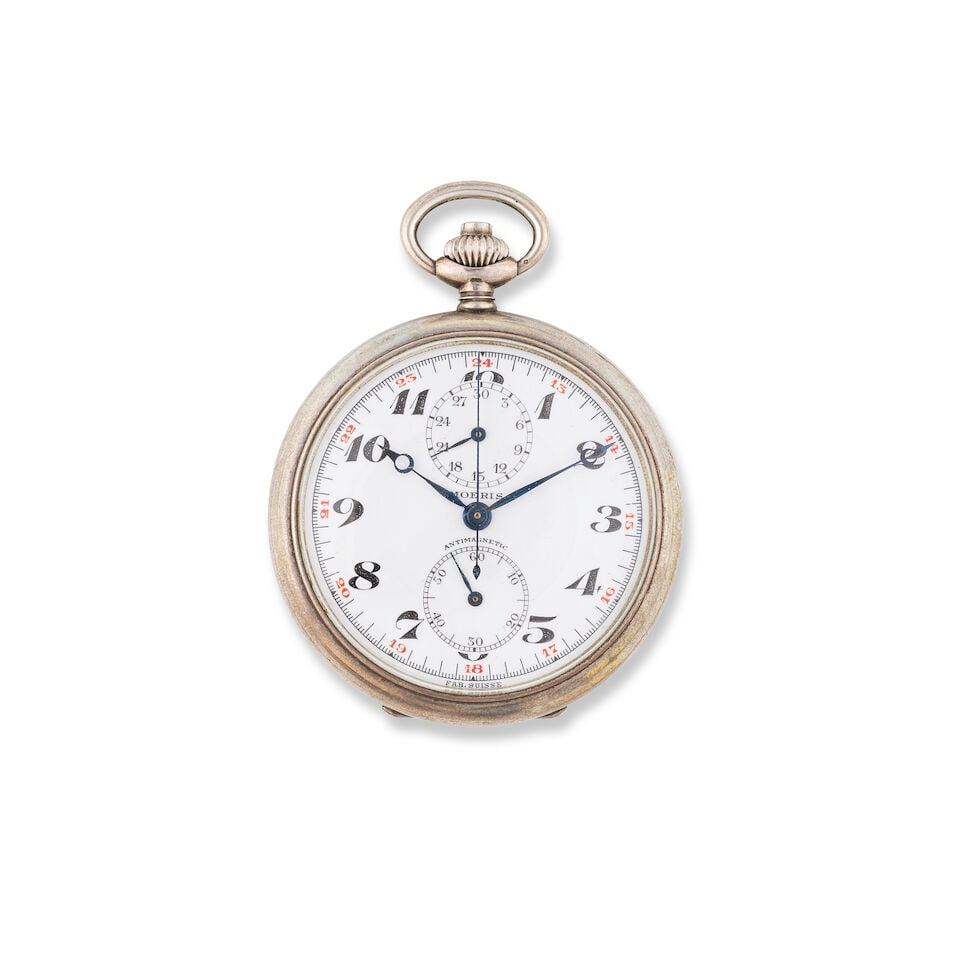 Moeris. A small silver keyless wind open face chronograph pocket watch Moeris. Petit chronograph...: Moeris. A small silver keyless wind open face chronograph pocket watch Moeris. Petit chronographe de poche à cadran ouvert en argent (800) remontoir au pendant Date: Circa 1930 Movement: Nickel l